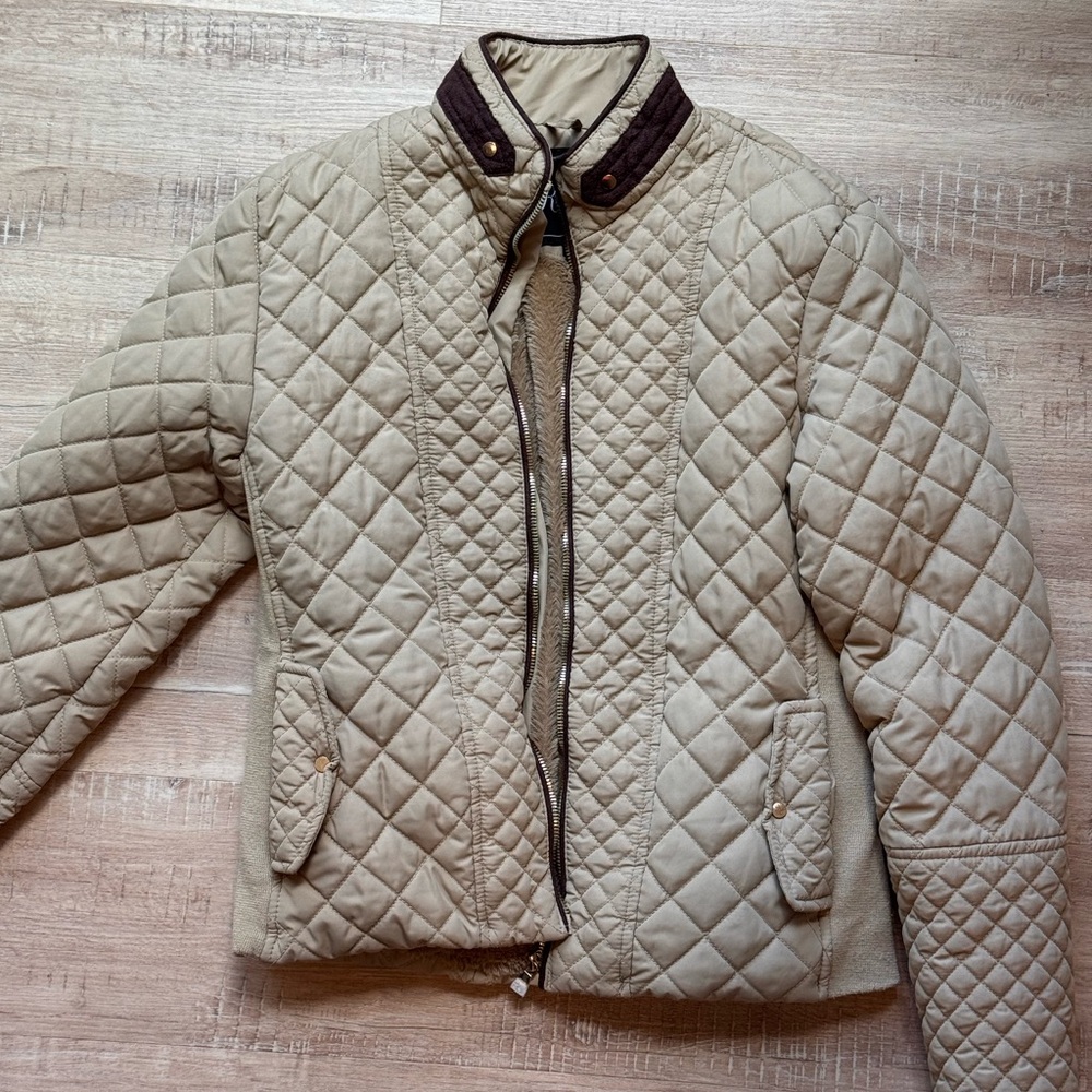 Royalty For Me Quilted Tan Jacket with Brown Trim
